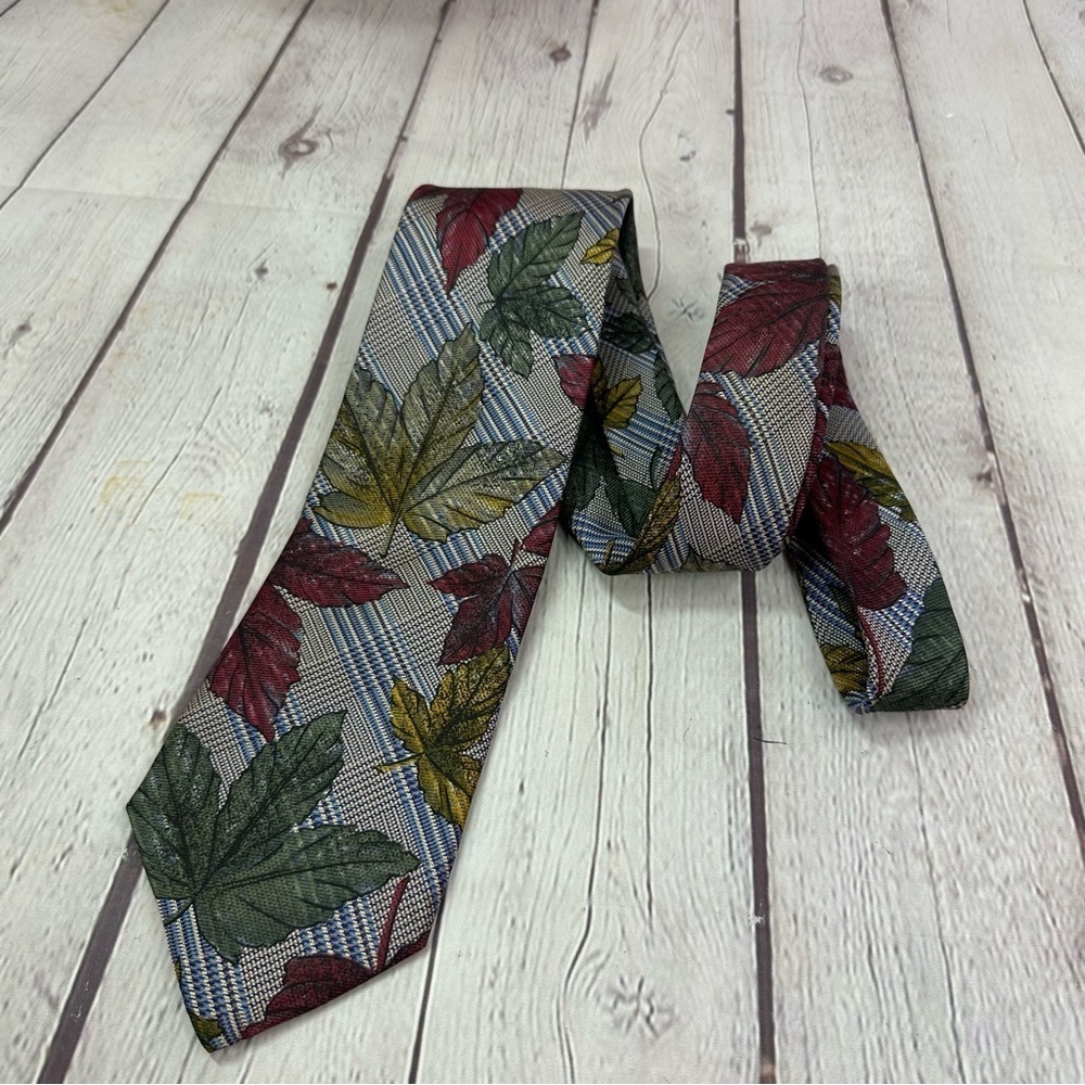 Lands' End Leaf Patterned contrast plaid patterns silk Tie fall autumn nature